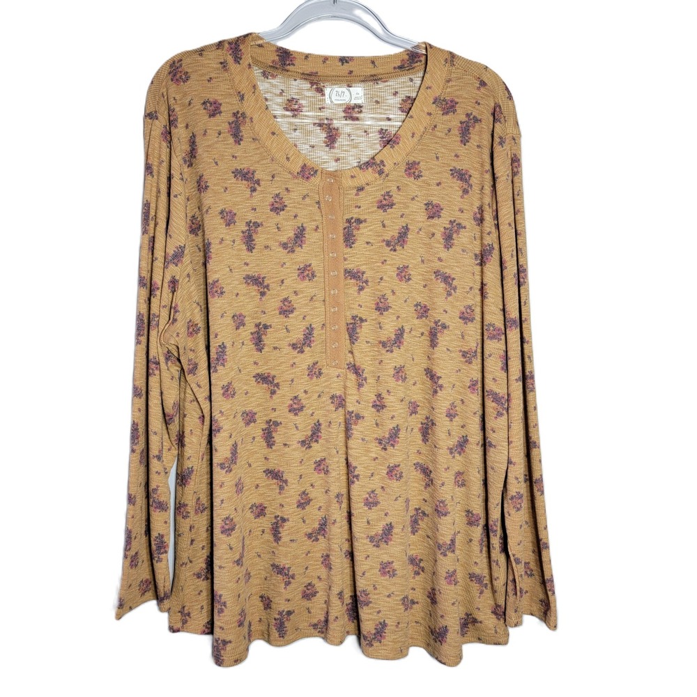 Maurices 24/7 Womens‎ Plus Size 4X Long Sleeve Floral Henley Top Brown Ribbed